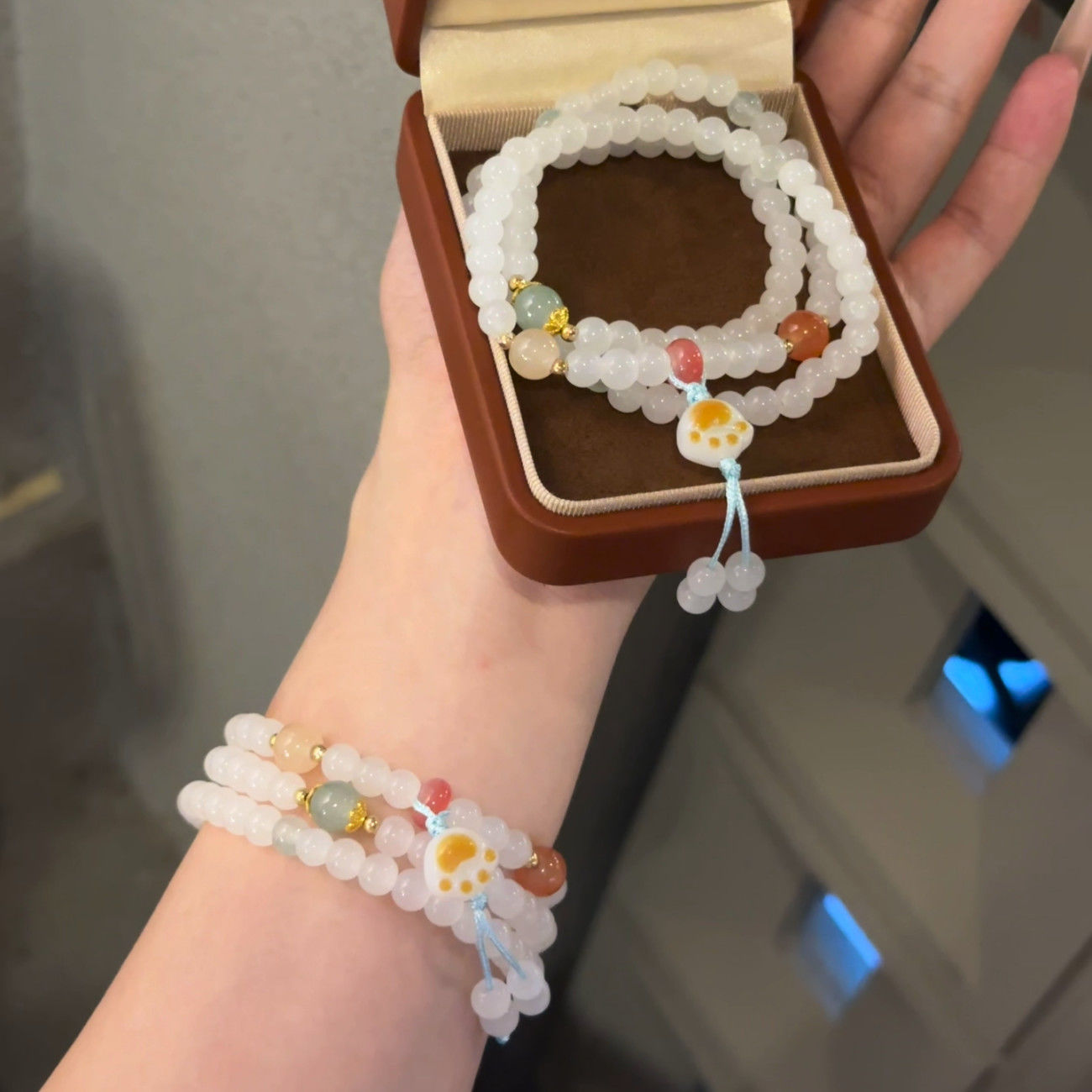 非金属玻璃手链 可爱炭烧猫爪三圈手串中式国潮编织闺蜜手链