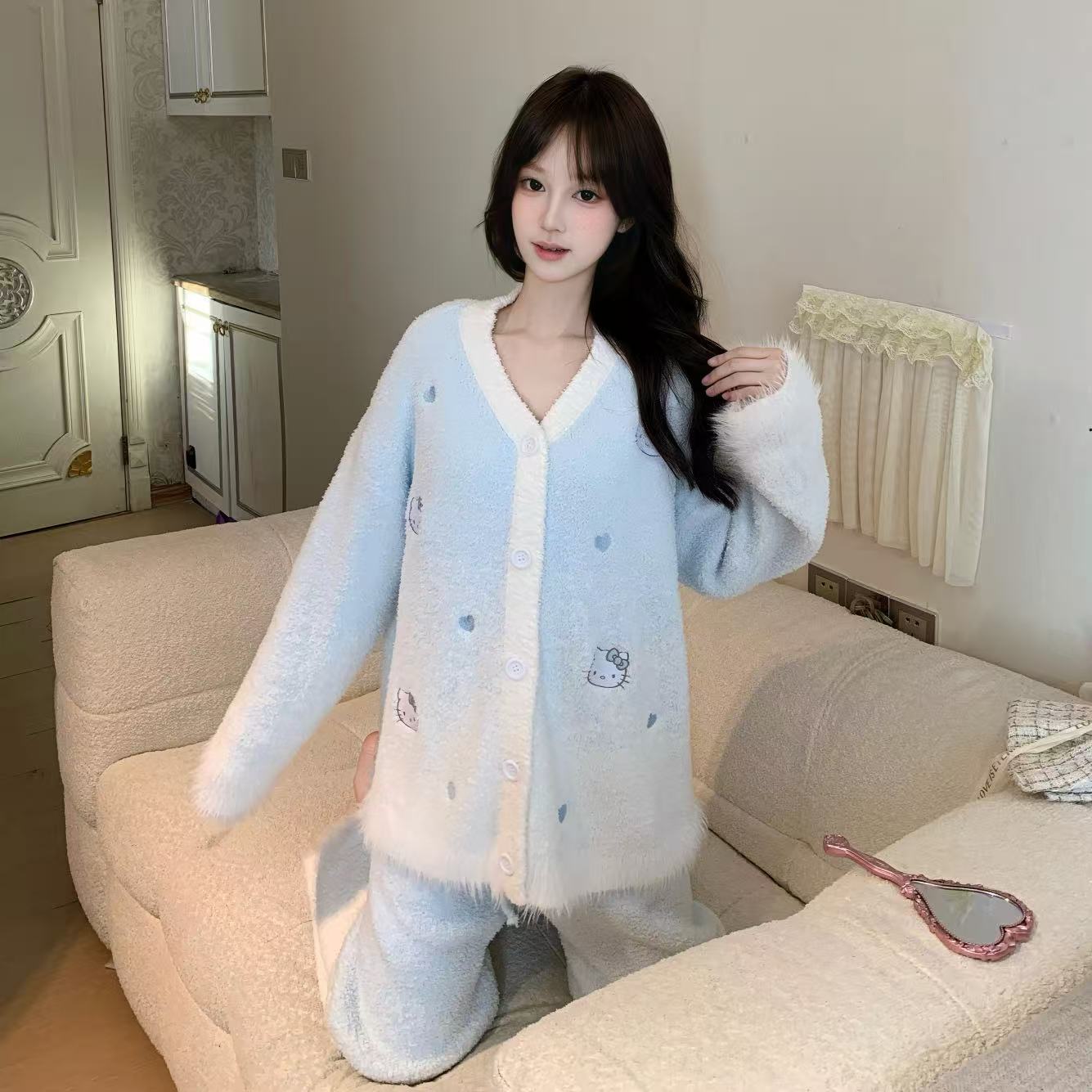 PP【叮当猫】软绵绵可外穿半边绒可爱宽松保暖可爱睡衣女