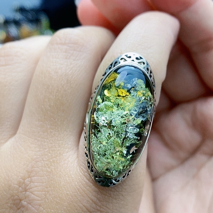 琥珀裸石银S925镶嵌戒指