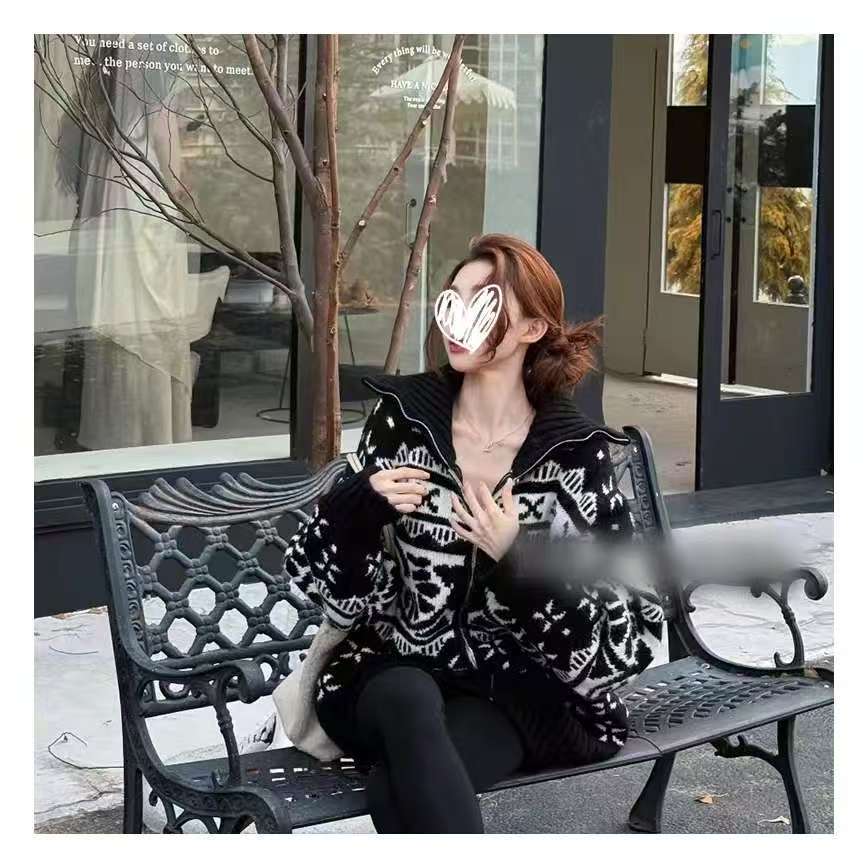 宽松大版慵懒风拉链高领毛衣女外套2025秋冬新款重工提花针织衫XK