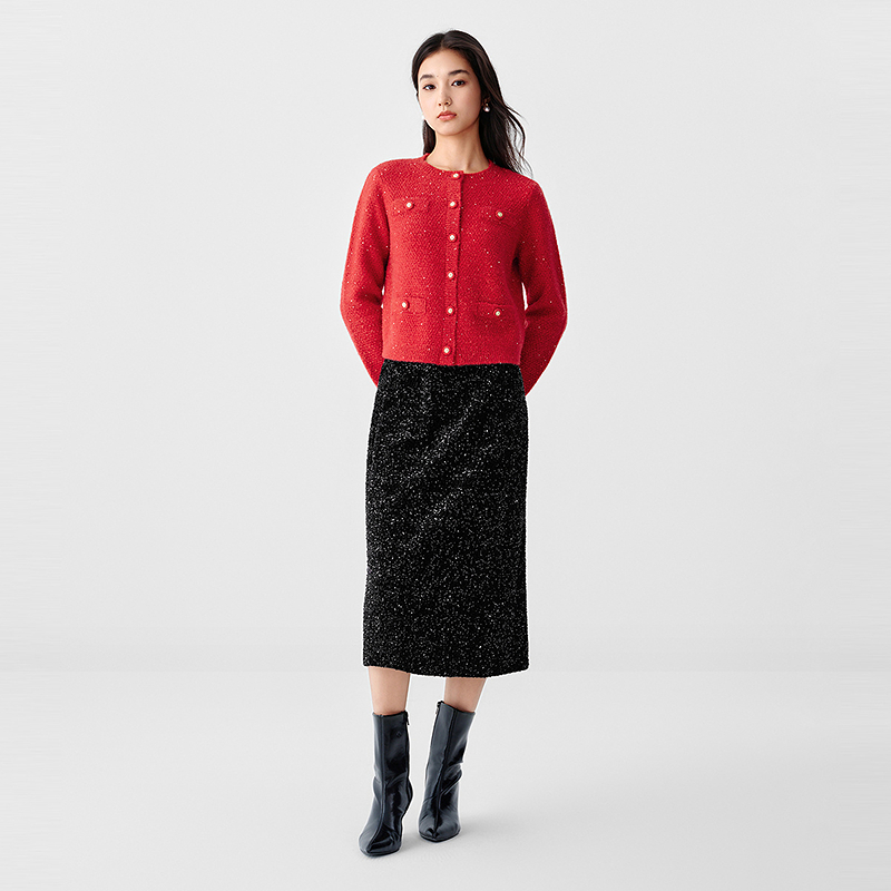 【晨粉专享价】珂莱蒂尔珂莱蒂尔2025年冬新款闪葱绵羊毛针织开衫女