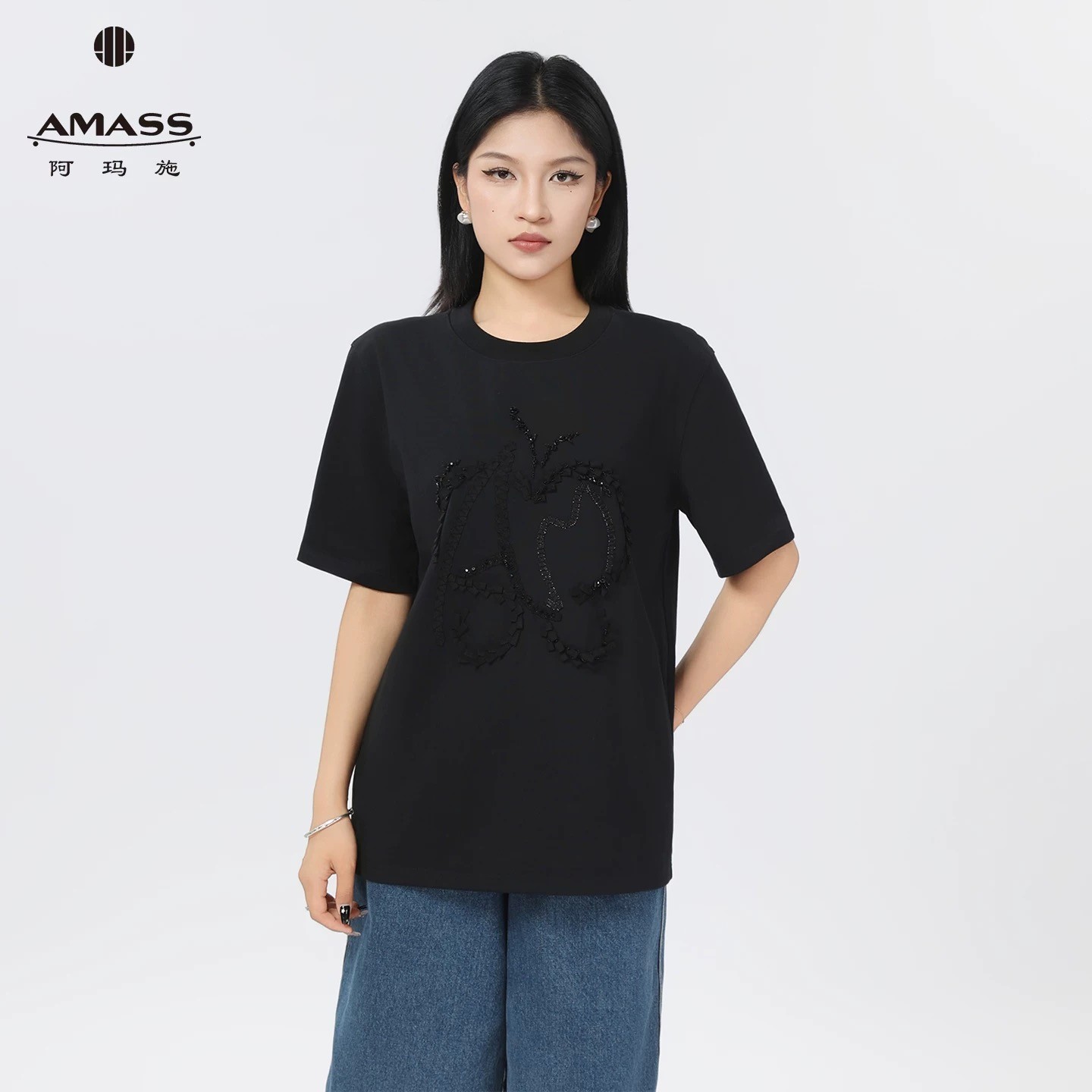 AMASS/阿玛施一秒入夏棉质上衣新款休闲蝴蝶印花短袖T恤女530092