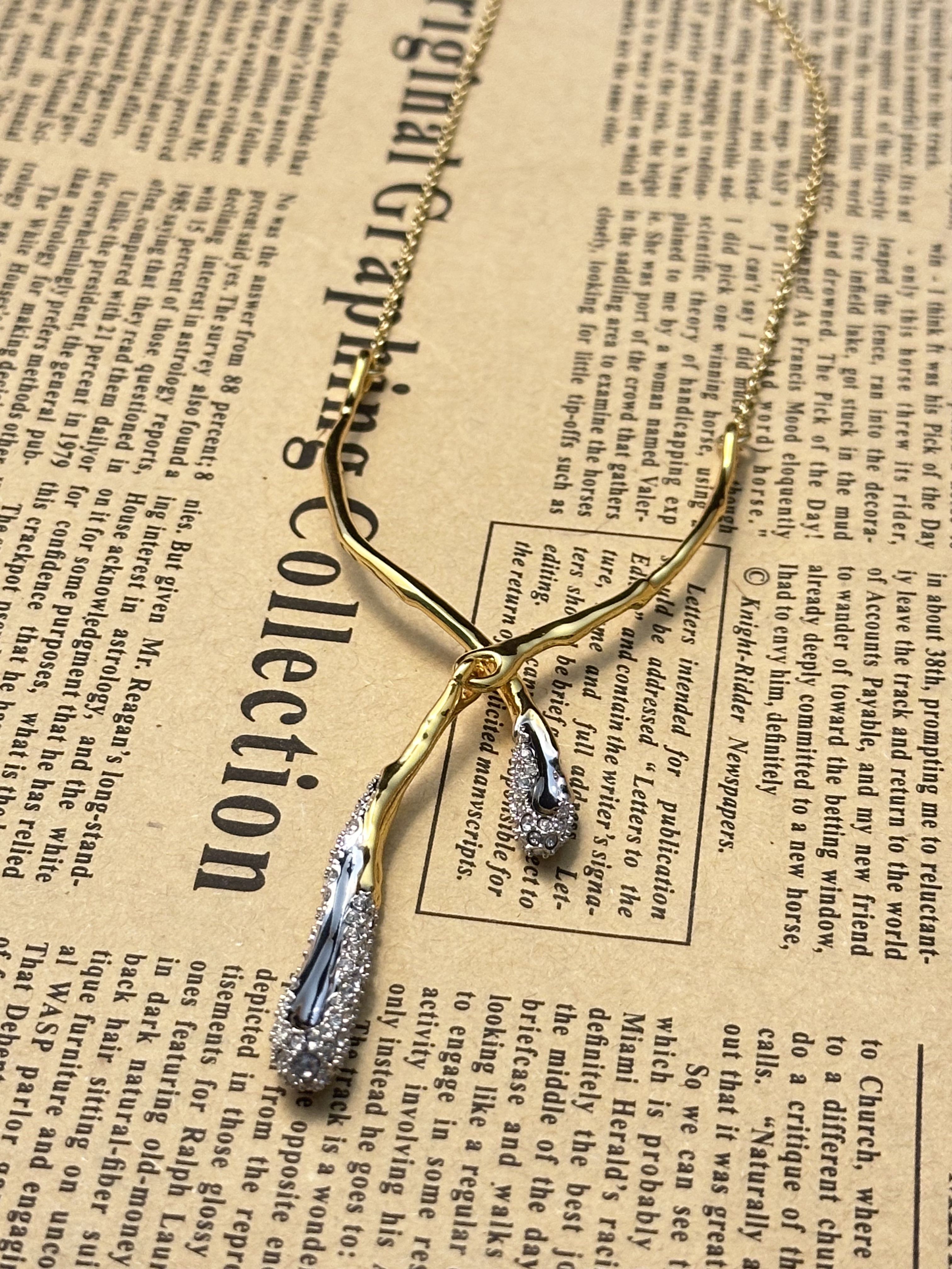 铜合金锆石项链 中古镀金素金锆石Y字链项链 N1223