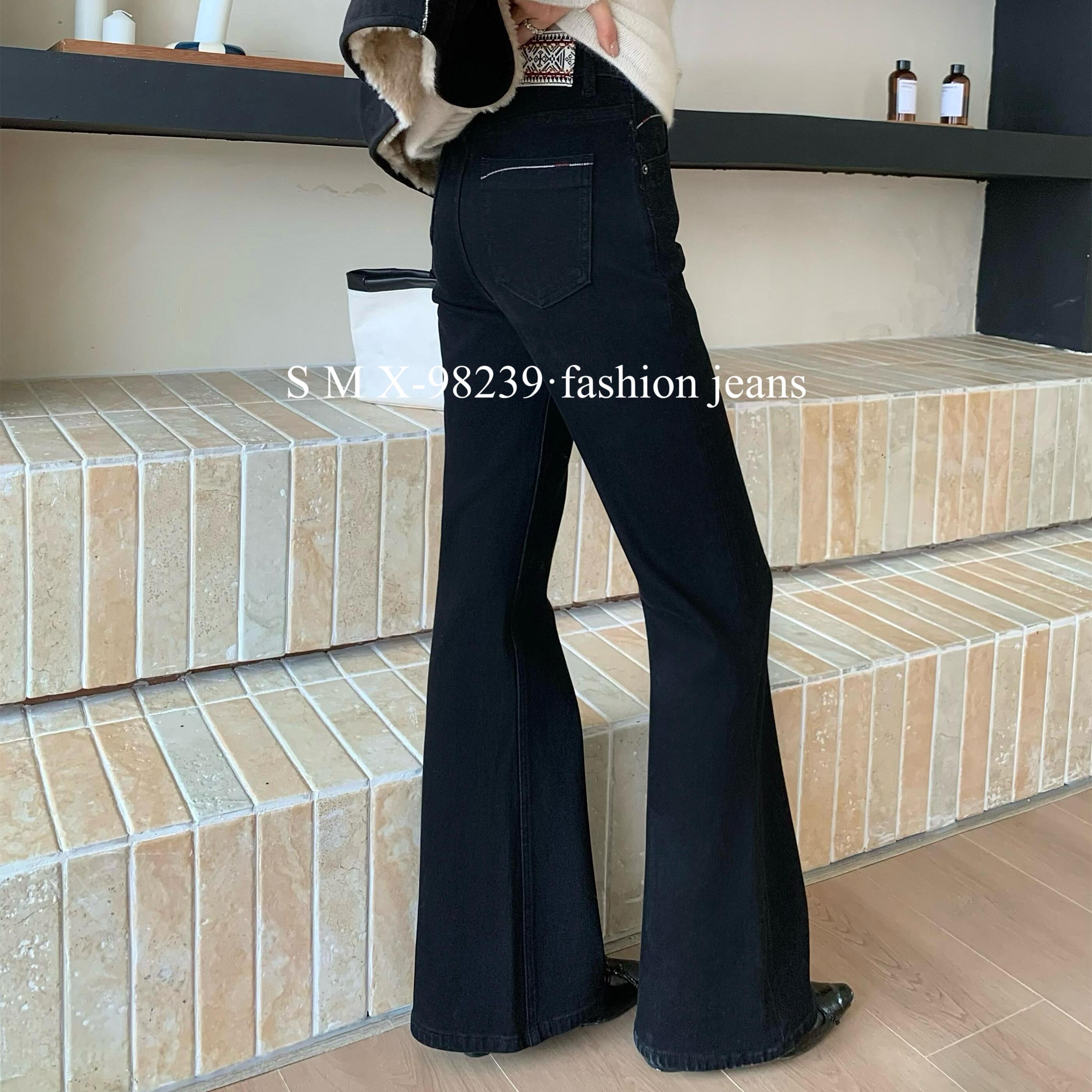 韩系轻熟风SMX98239黑色微喇牛仔裤女秋冬季加绒四面弹直筒喇叭裤