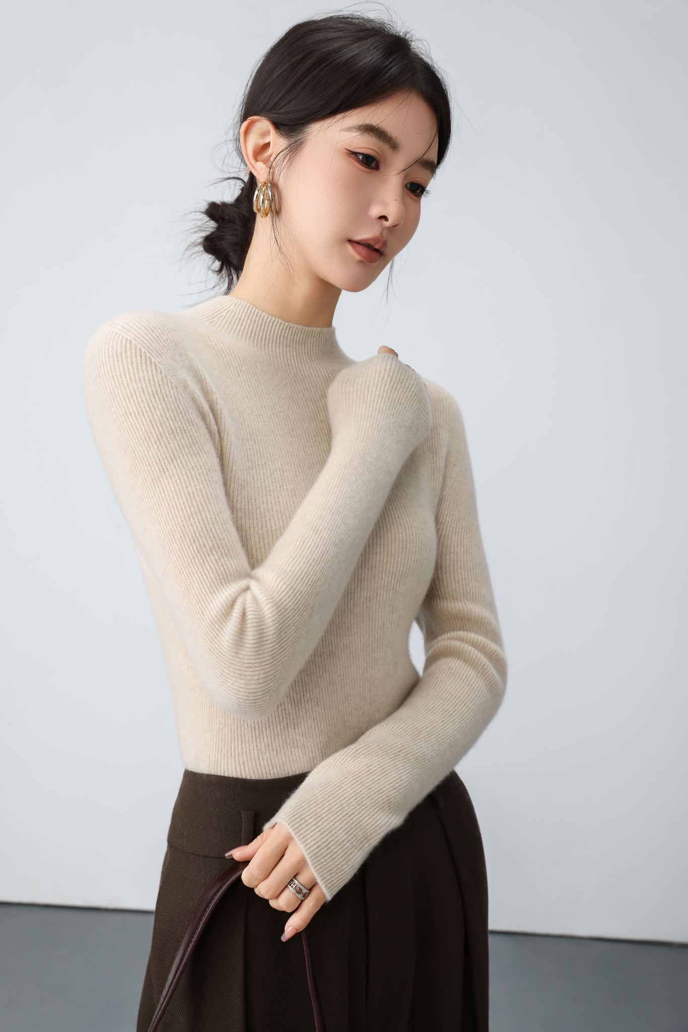 【康赛妮高奢100%羊绒】 坑条半高领内搭羊绒打底衫女士冬季加厚C12