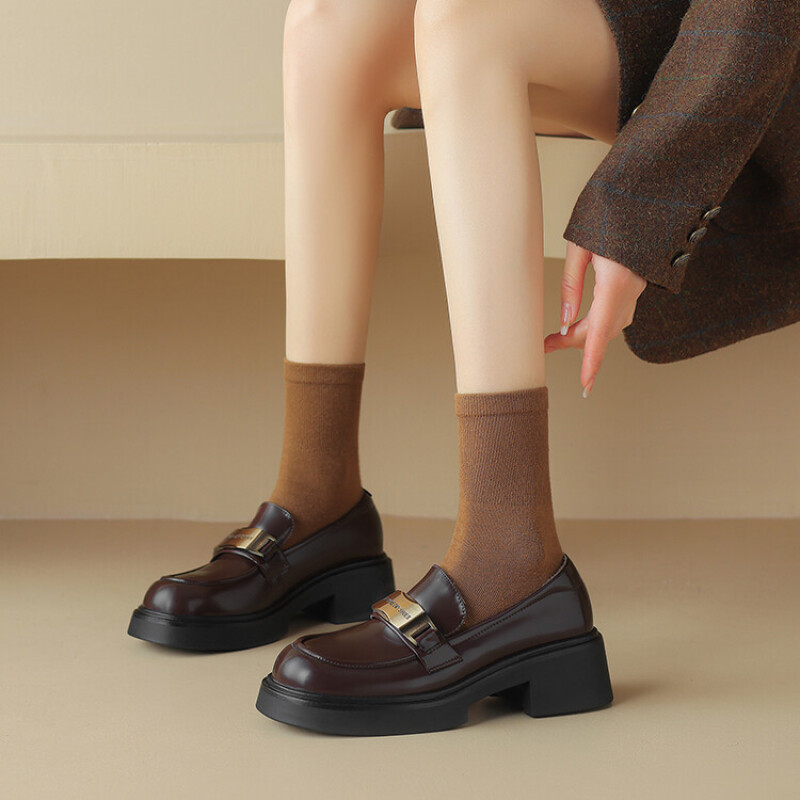 英伦风厚底粗跟真皮圆头懒人松糕鞋2025新款单鞋BT1536