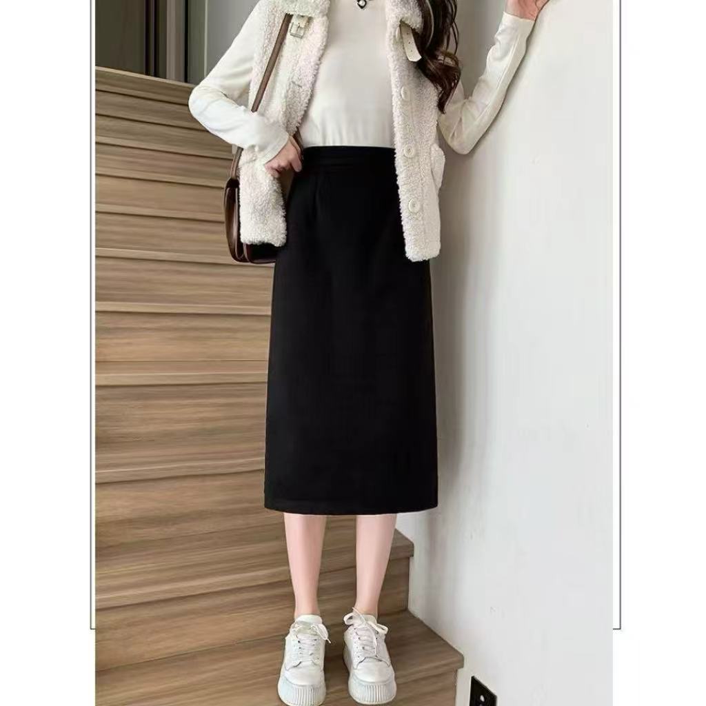 小个子毛呢半身包臀裙显瘦百搭气质后开叉高腰a字中长裙半身裙637