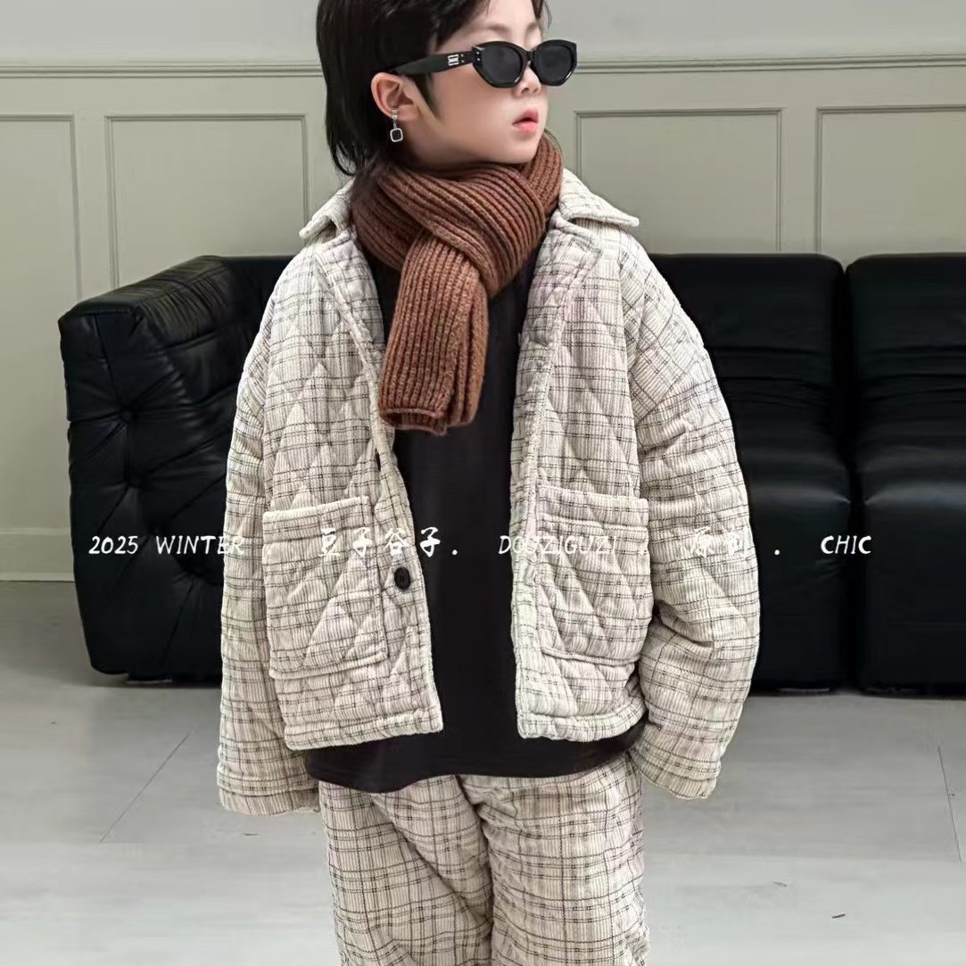 2025秋冬套装三层加绒加厚儿童卡通风通用休闲风纯色单排扣厚款