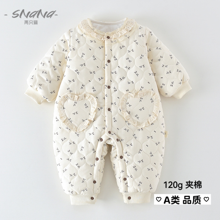 高颜值女宝宝儿童秋冬衣服薄棉新生儿洋气可爱婴儿夹棉保暖连体衣