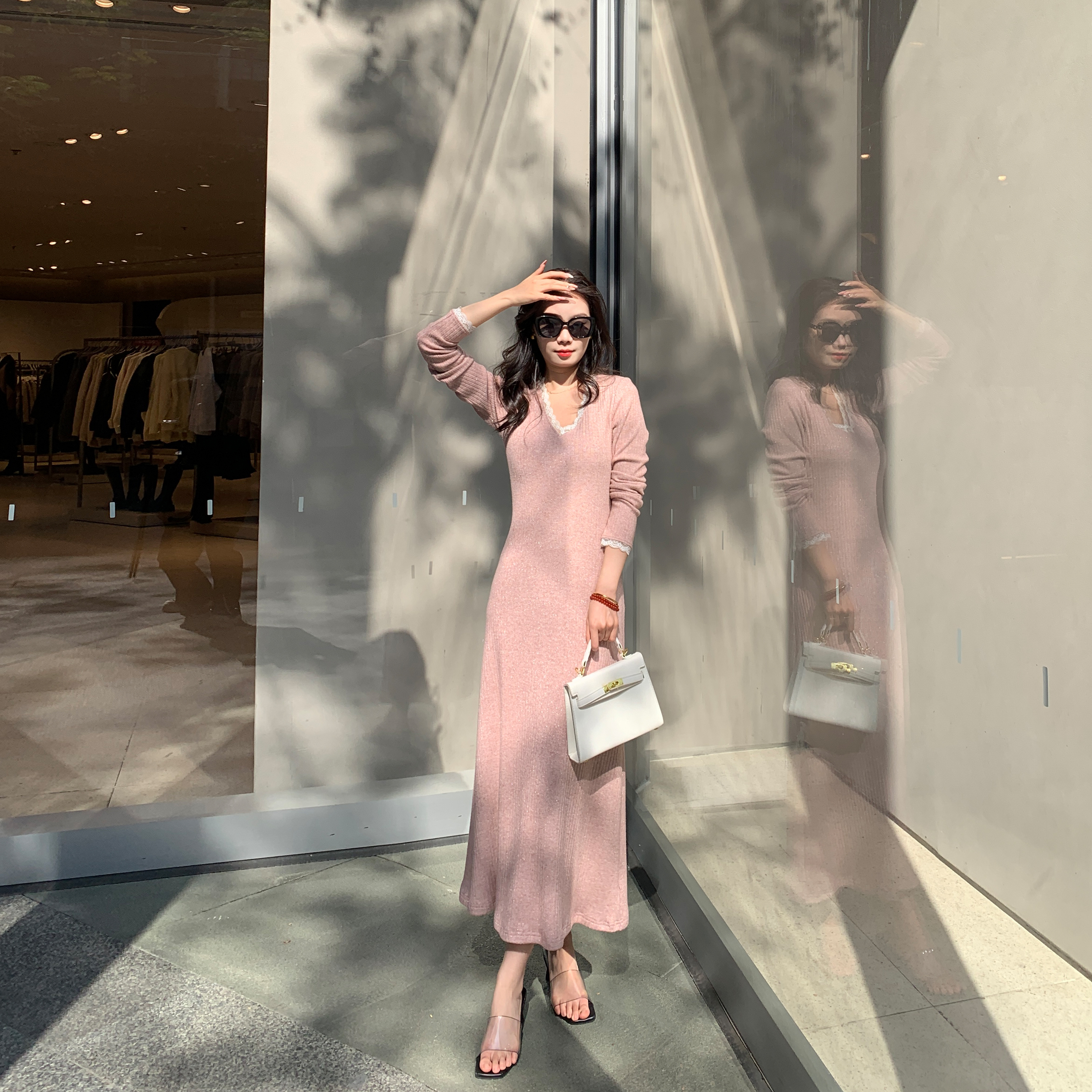 羊毛天丝包臀裙长裙长袖秋冬蕾丝连衣裙气质裙子毛衣裙时尚