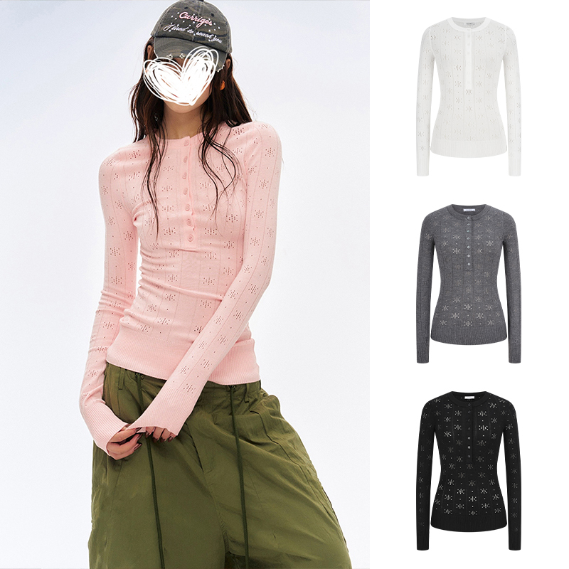 Moses Queen/魔西女王甜辣妹排扣半开圆领镂空针织衫收腰长袖上衣