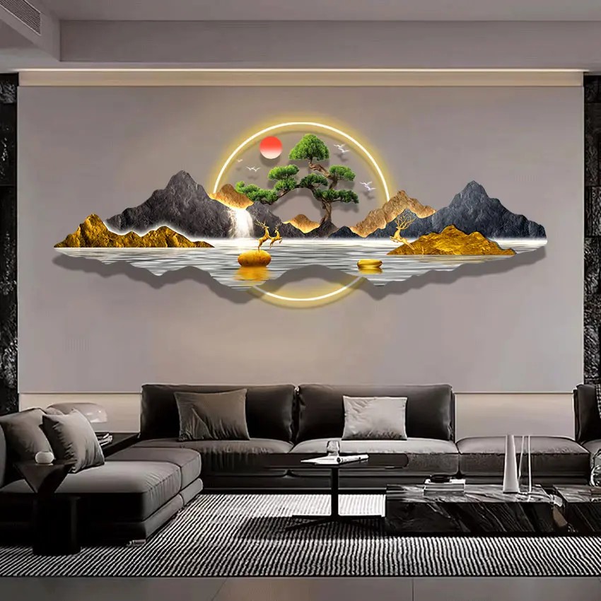 新中式日照金山轻奢挂画旭日东升沙发背景茶室高透亚克力装饰挂画