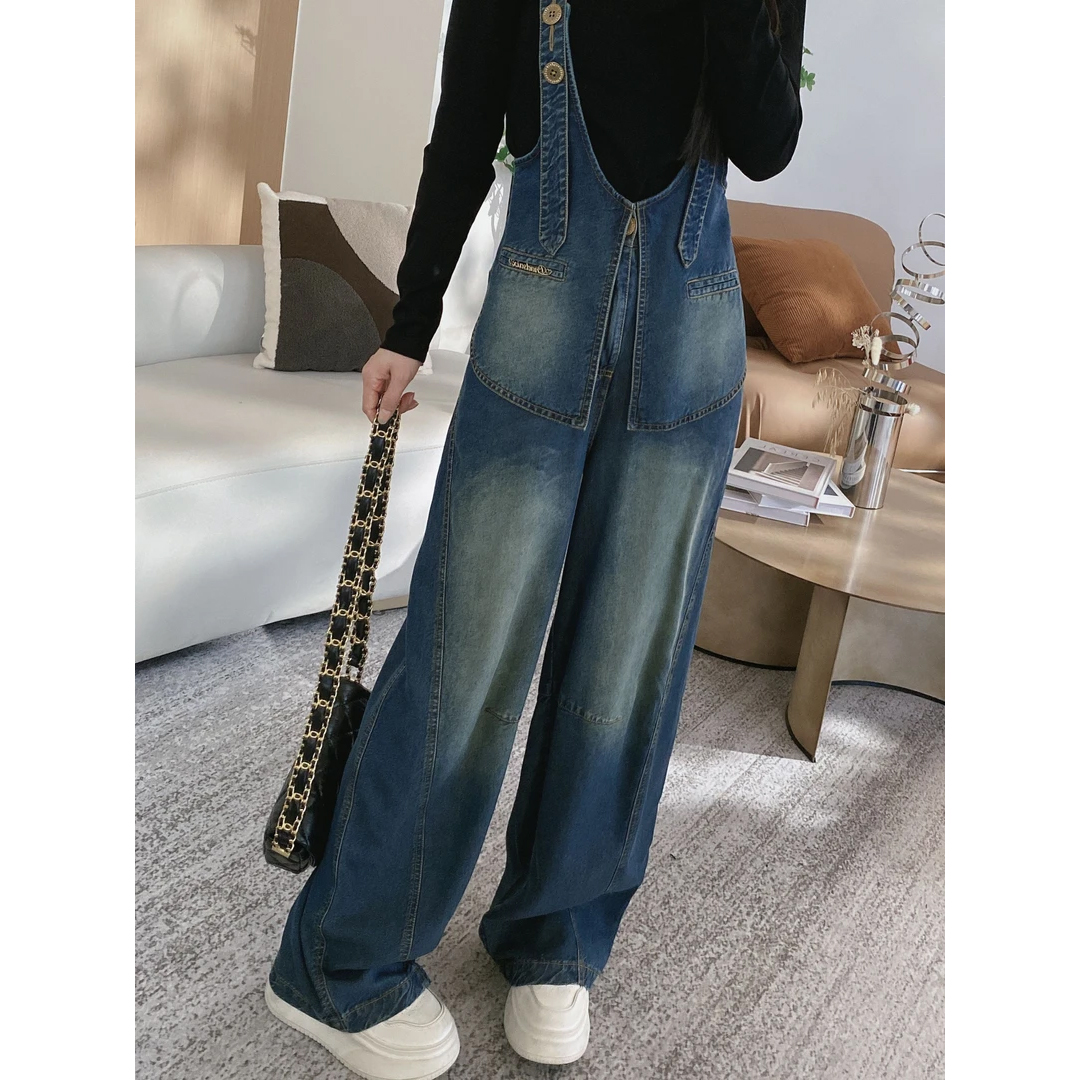 帅气可调节牛仔背带裤丹宁风洋气女裤小个子可穿时髦牛仔阔腿裤