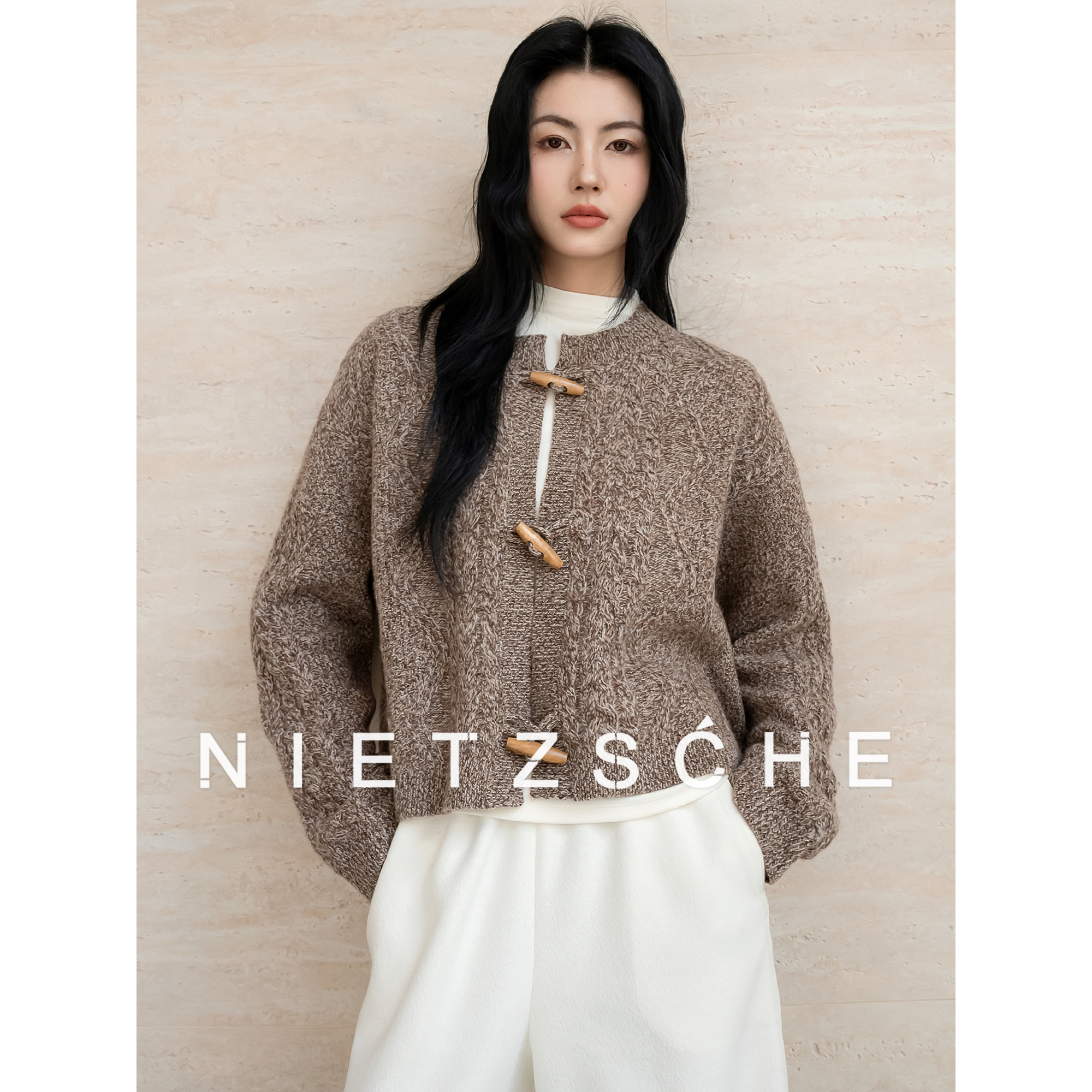 尼采 官方直营｜牛角麻花衫｜1oo%羊毛 慵懒感女百搭针织衫1780