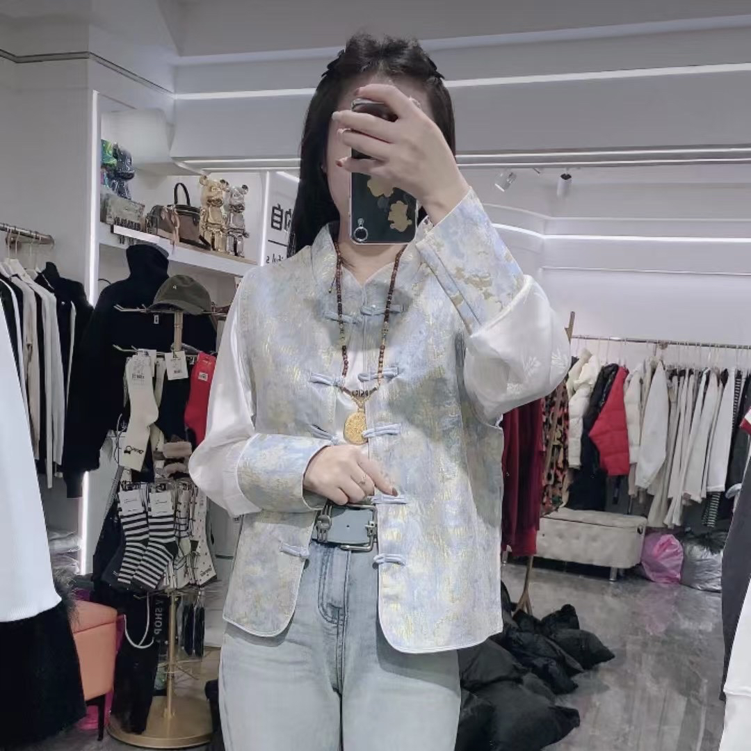 欧货新款复古中国风大码圆领马甲打底开衫两件套宽松舒适大码女装