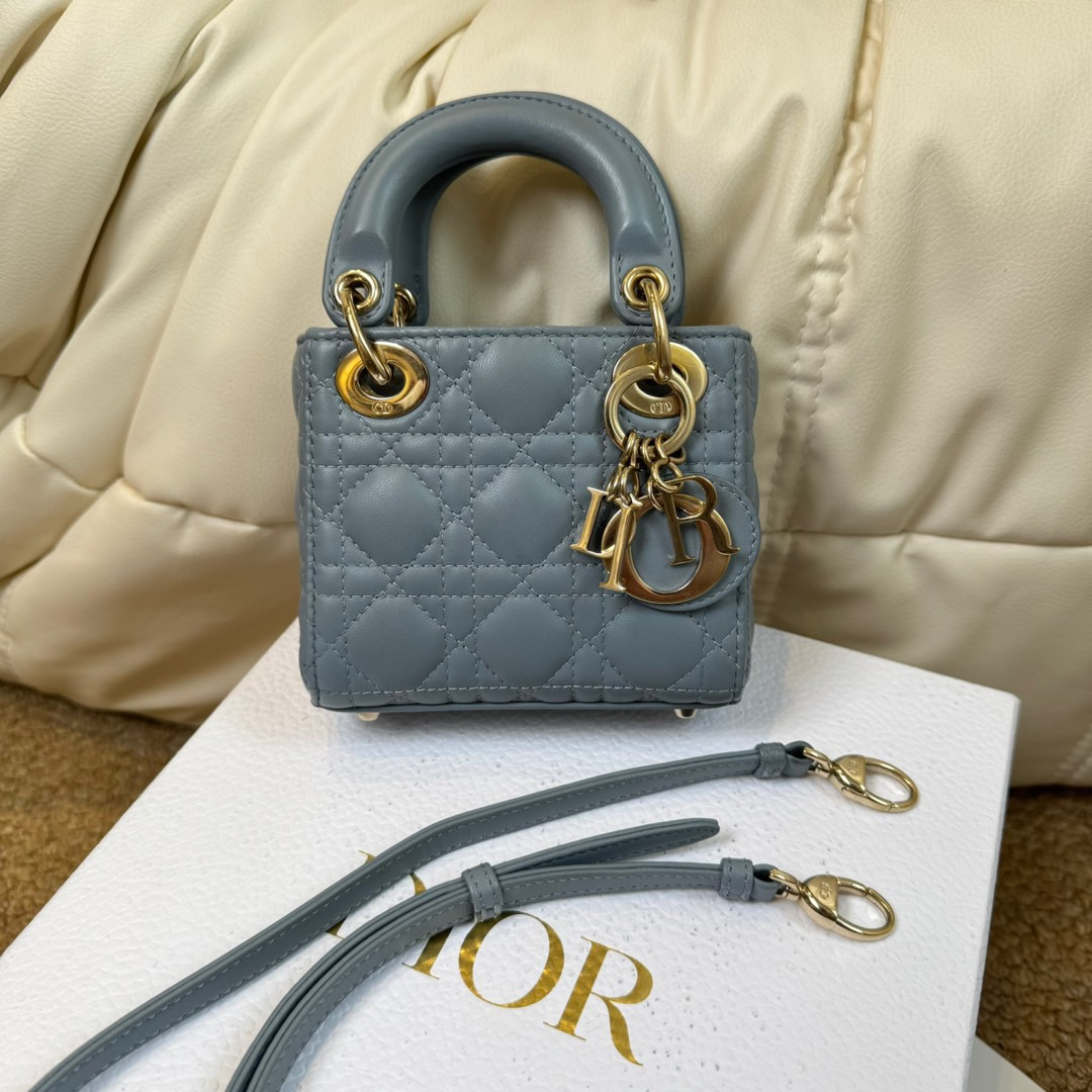 95新 DIOR/迪奥 雾霾蓝 羊皮三格戴妃mini/648920115