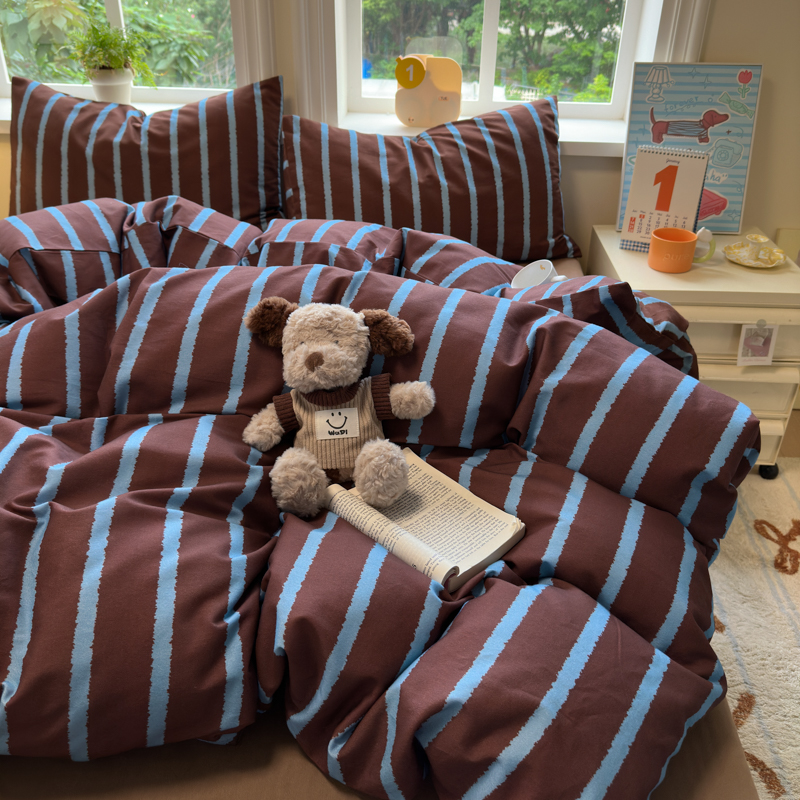 冬季ins简约条纹全棉加厚纯棉磨毛四件套100%棉小清新少女心床单