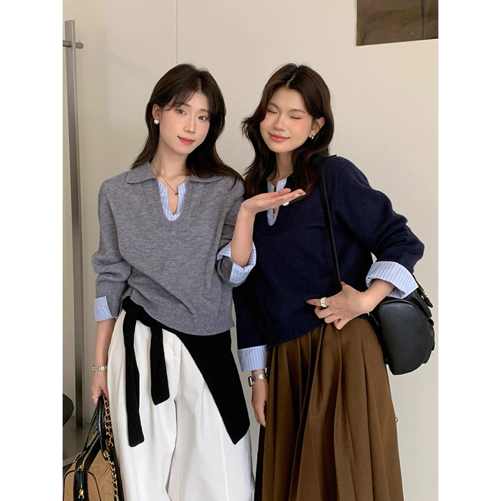 韩系复古撞色假两件拼接毛衣女早秋氛围感穿搭通勤设计感长袖上衣