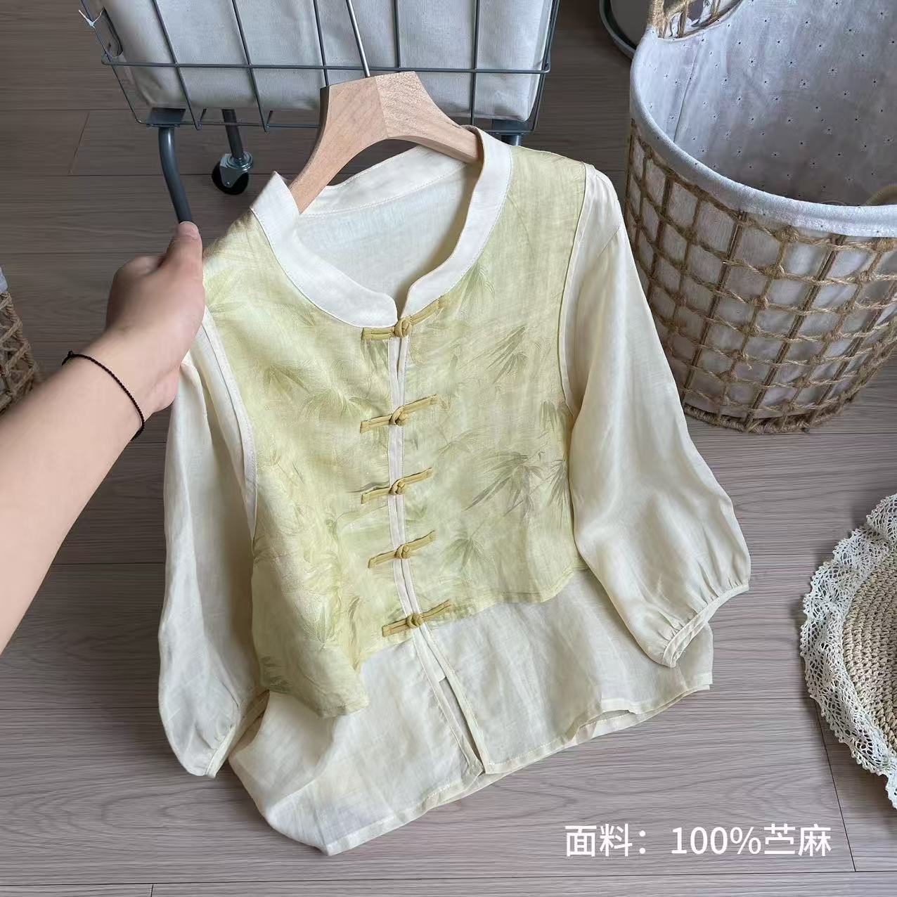 小柒家A0437-印染刺绣碎花薄款新中式衬衫宽松拼接衬衣绣花