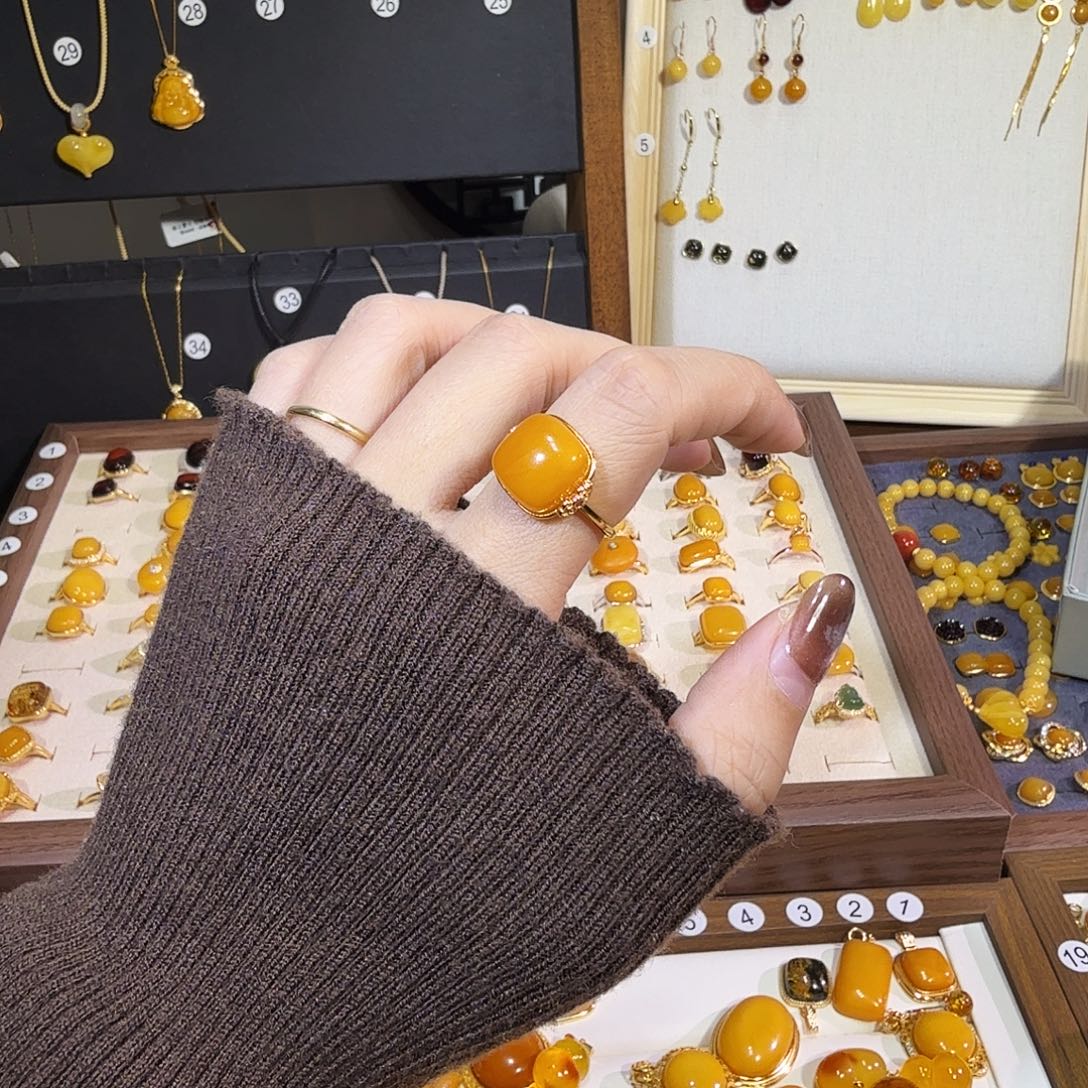 蜜蜡银S925镀金镶嵌戒指