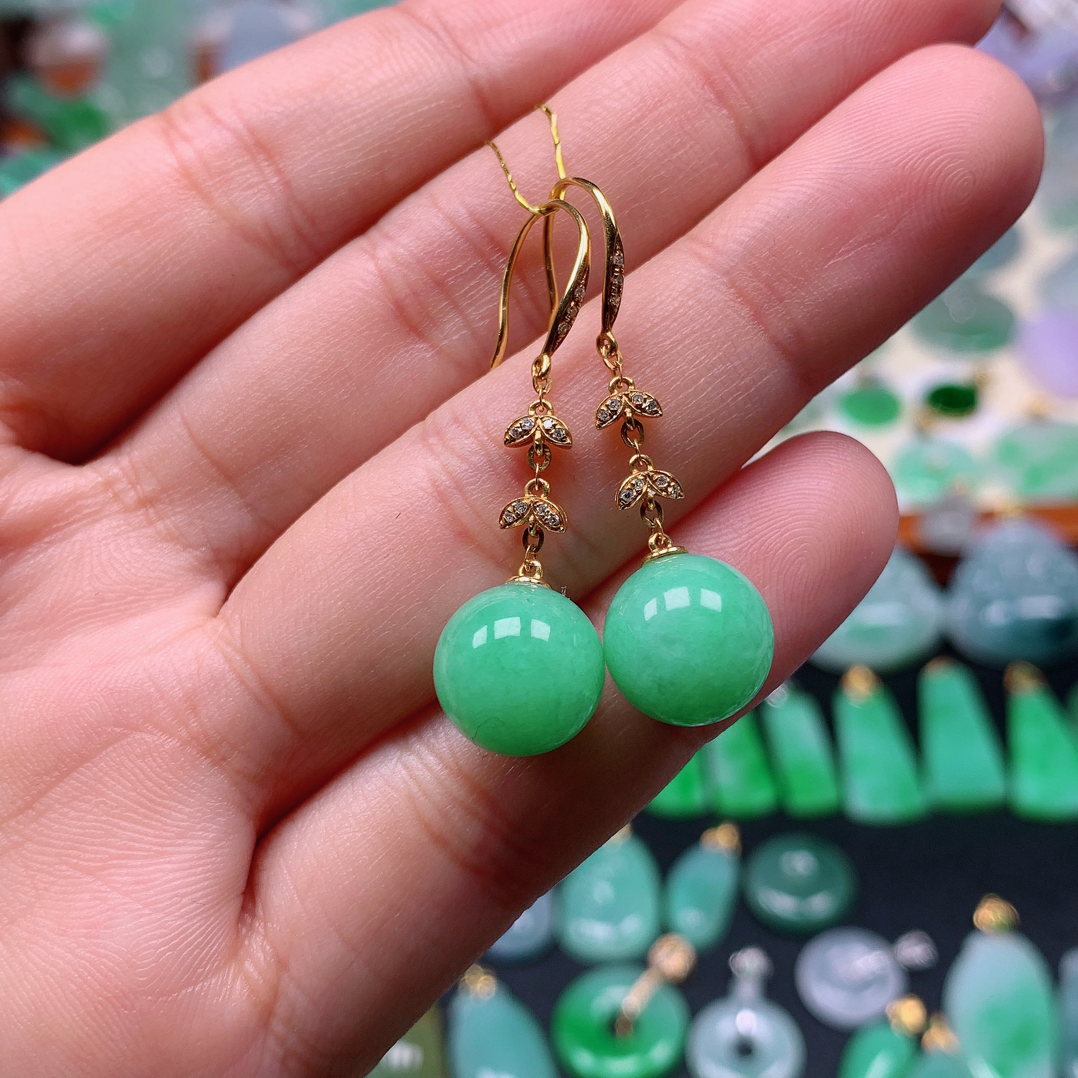 缅甸天然A货翡翠，满绿转运珠耳坠 编号457/1208尺11