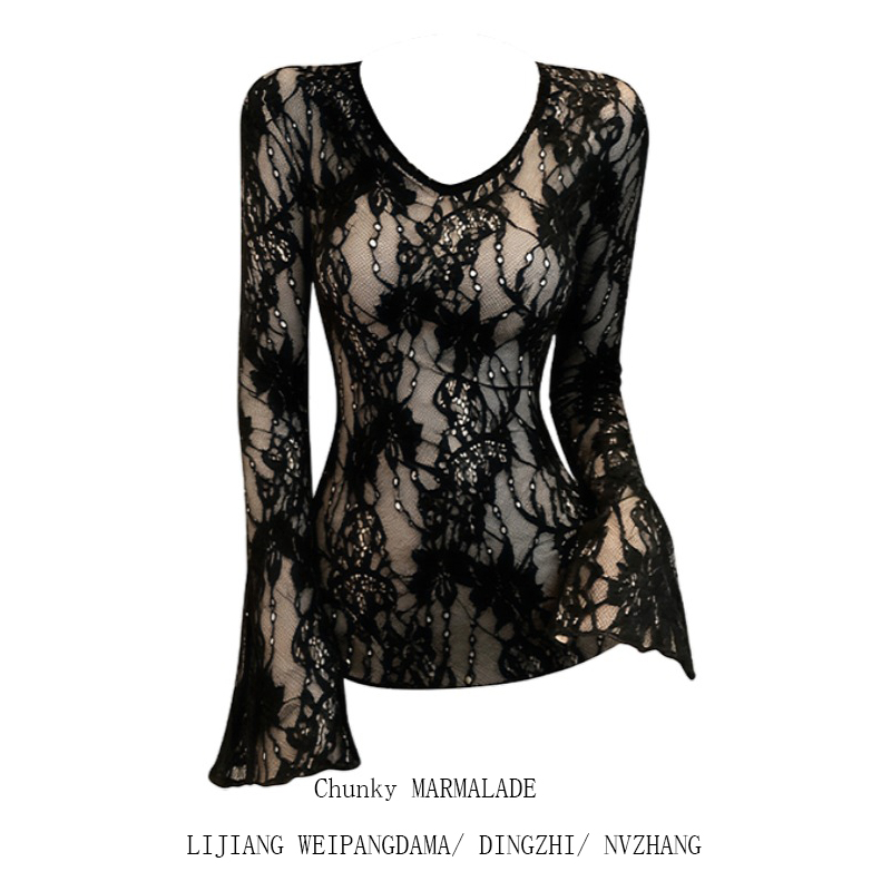 大码纯欲辣妹喇叭长袖磨毛T恤女秋冬设计感修身显瘦浮雕蕾丝上衣