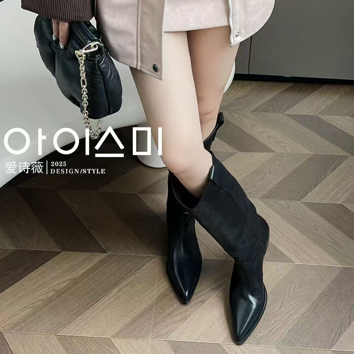 爱诗薇女靴2025秋季新款真皮粗跟不过膝长靴百搭尖头套筒骑士靴