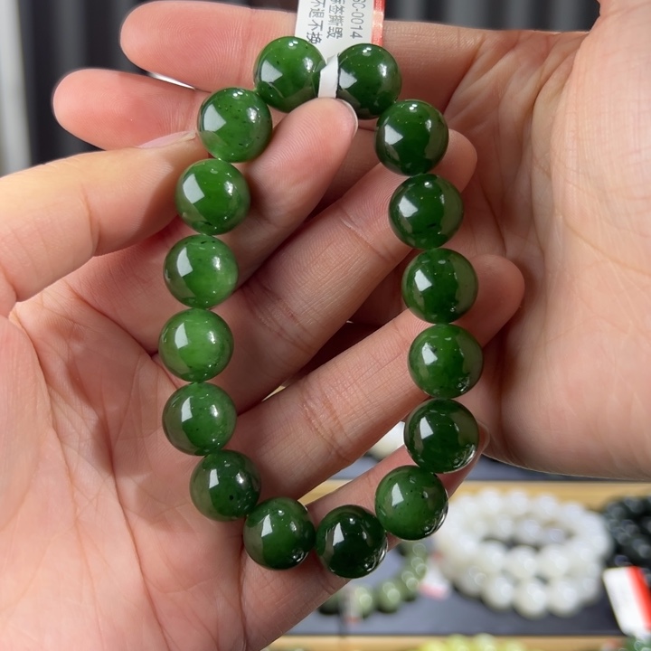 和田玉手串未镶嵌俄罗斯碧玉菠菜绿卡13圆珠
