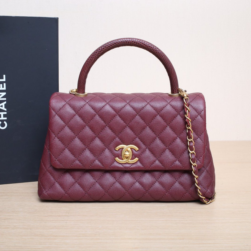 99新 Chanel/香奈儿 小花JerryCoco Handle 中号 酒红色 24开包