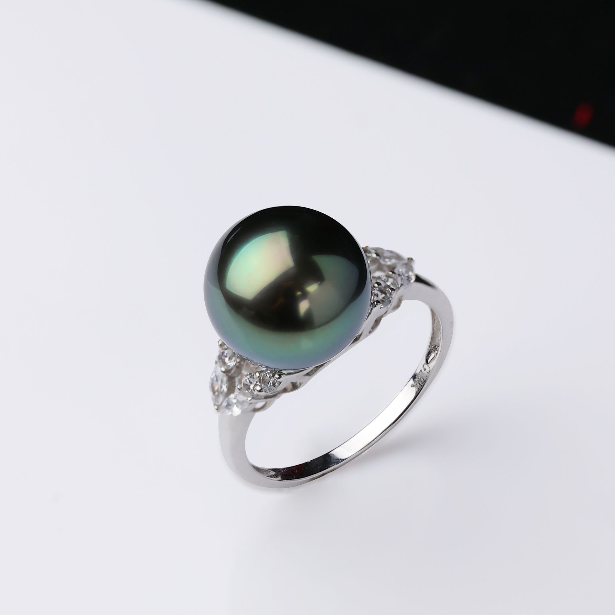 大溪地黑珍珠戒指孔雀绿色18K金镶嵌款11-12mm送女友*多样性发一