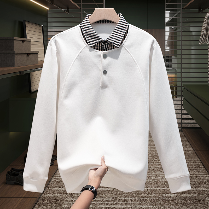 高端老钱风军绿色衬衫领白色卫衣男微阔针织细腻上衣打底衫不起球