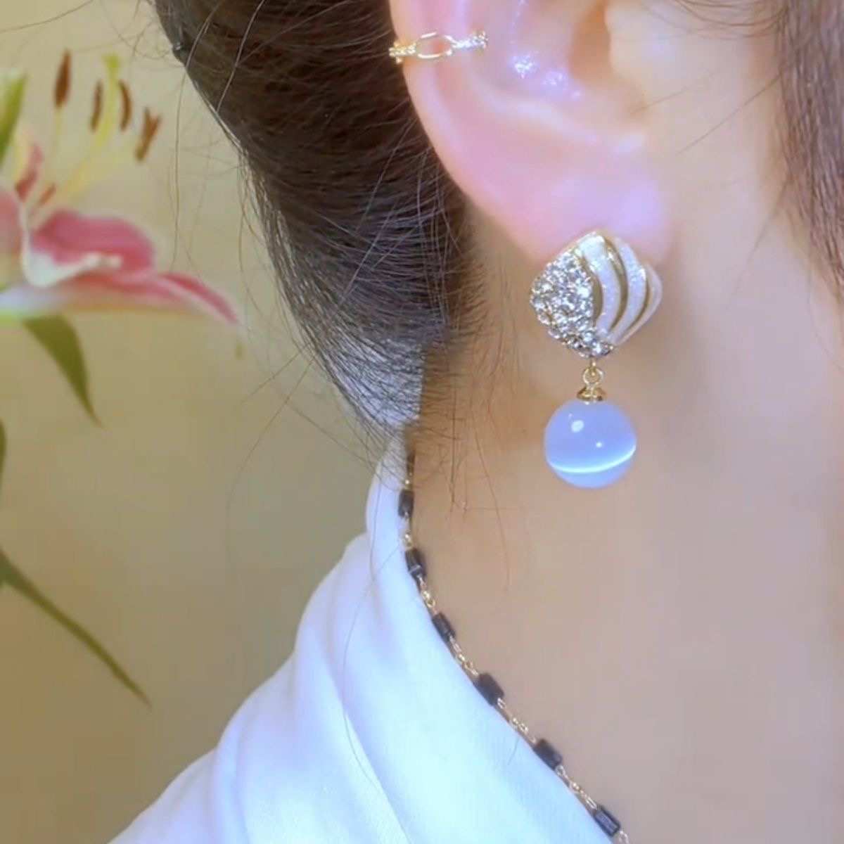 铜合金耳饰 气质高级几何喵石滴油耳环轻奢优雅时尚耳环E034