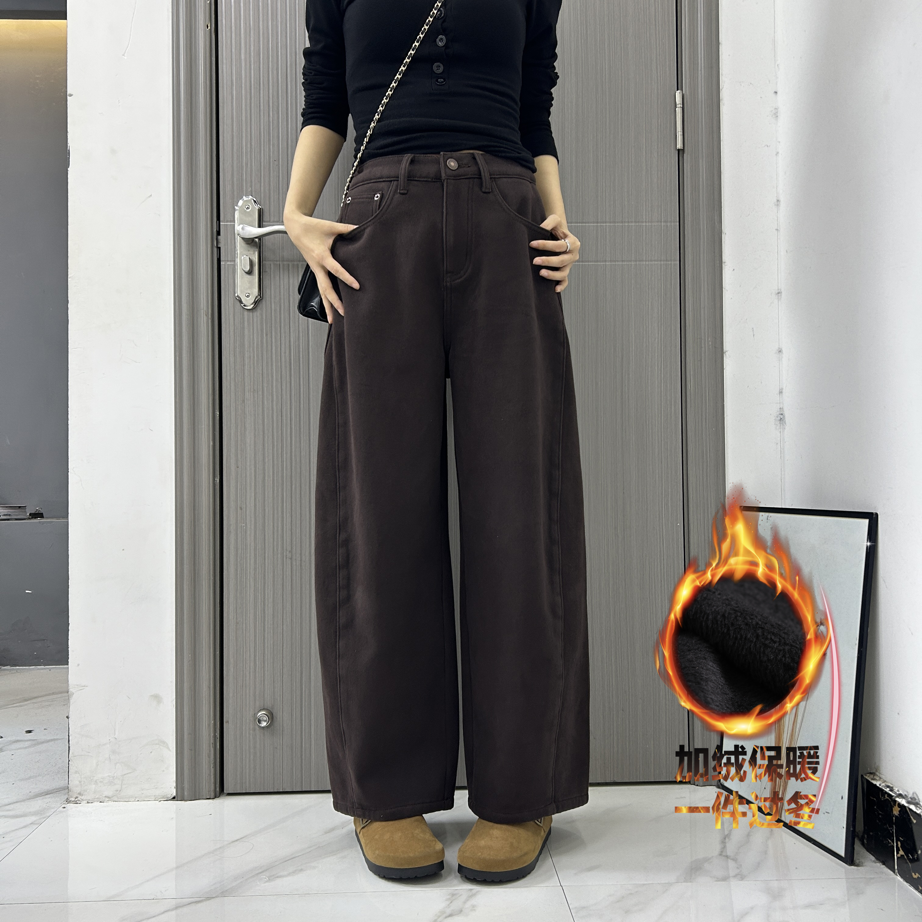 秋冬加绒老爹裤弹力哈伦显瘦百搭女士牛仔高腰韩版宽松长裤阔腿裤