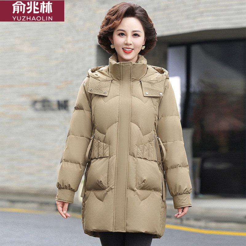 俞兆林妈妈冬装羽绒服中长款加厚连帽外套大码冬季中老年女纯色显
