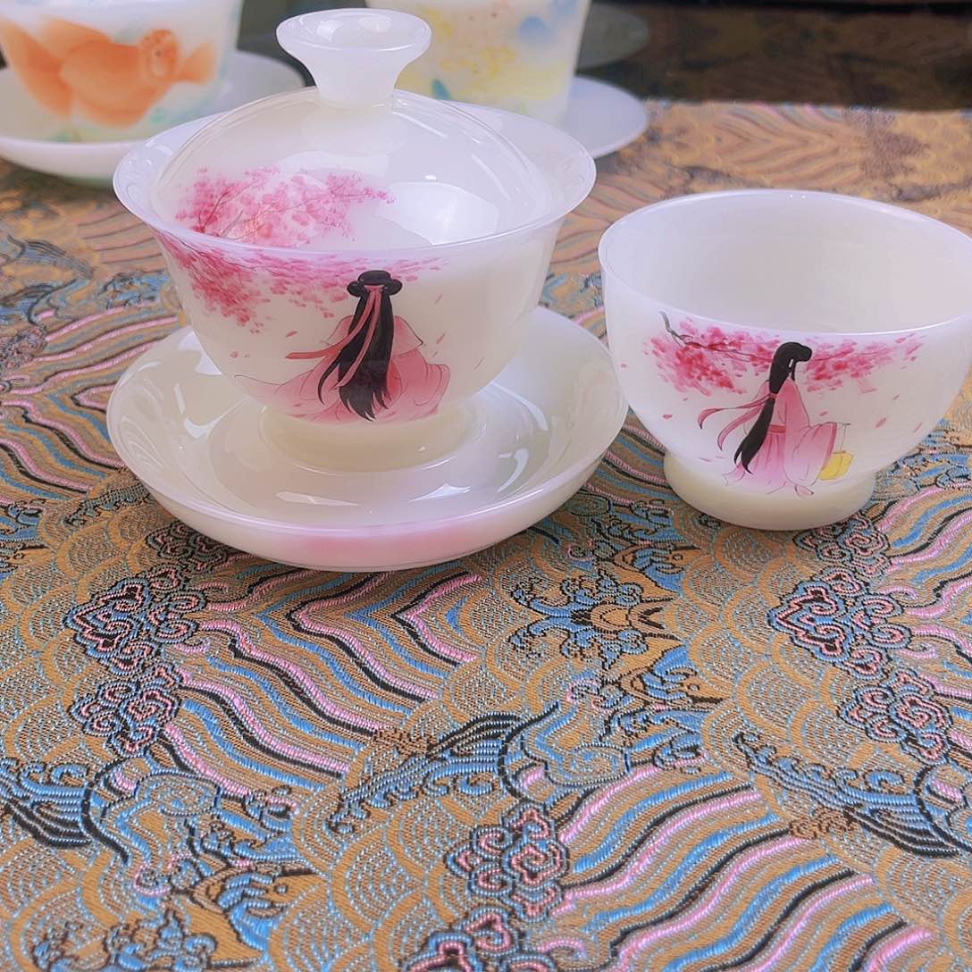 瓷片高端皙白玉瓷纯手绘盖碗加主人杯