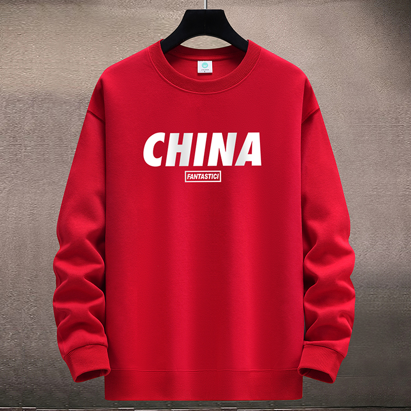 大CHA  春秋舒适运动红色潮流男款圆领长袖卫衣大码男士套头外套