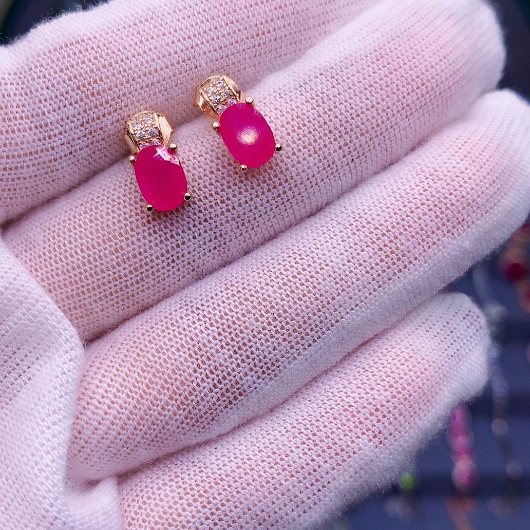 红宝石耳饰银S925镶嵌