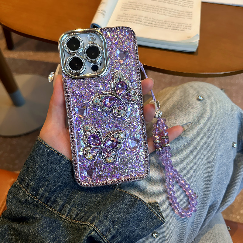 奢华紫钻边蝴蝶手机壳镜头膜适用苹果15promax小米oppo华为vivo女