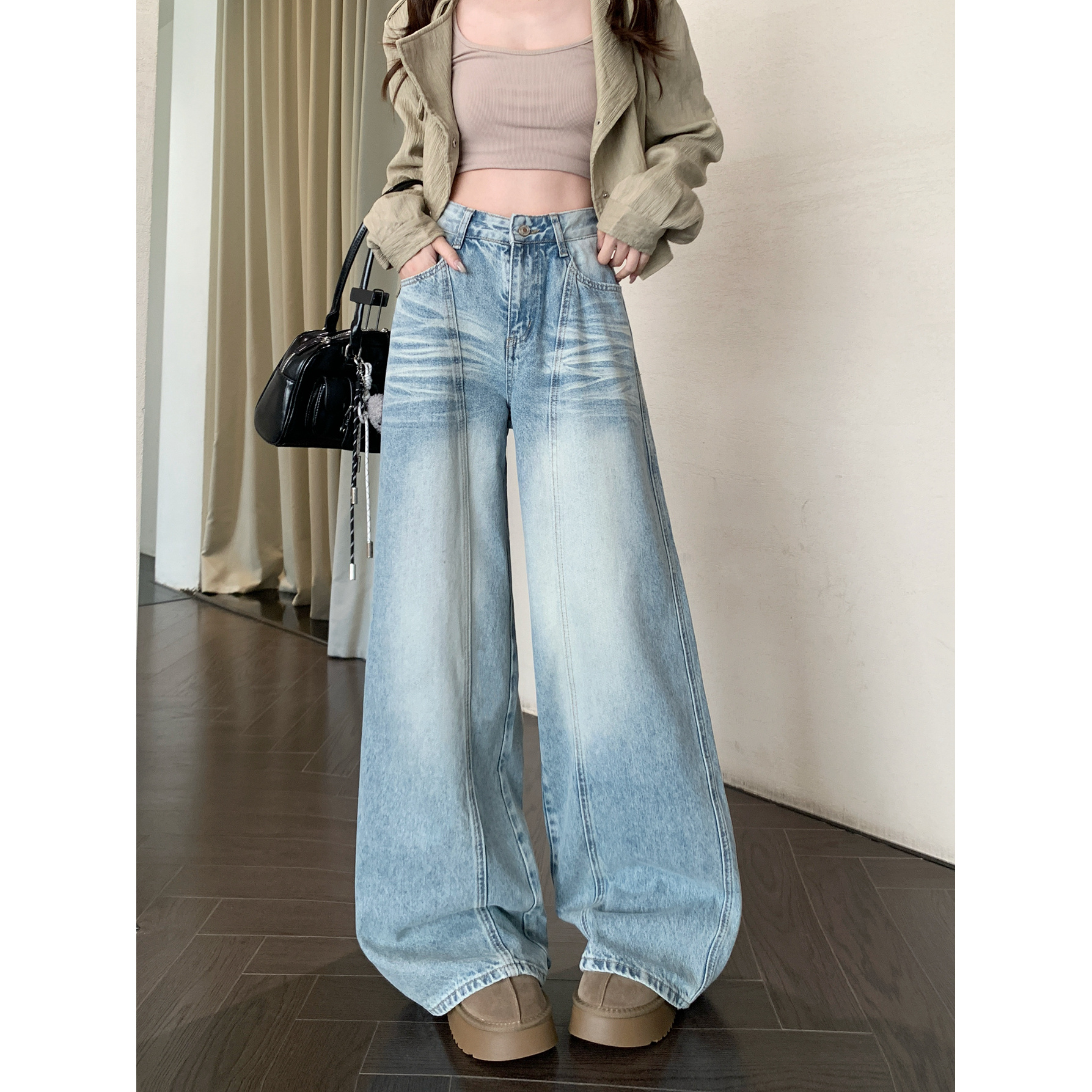 浅色阔腿牛仔裤女梨形身材春季胖mm大码宽松显瘦垂感直筒裤大脚子