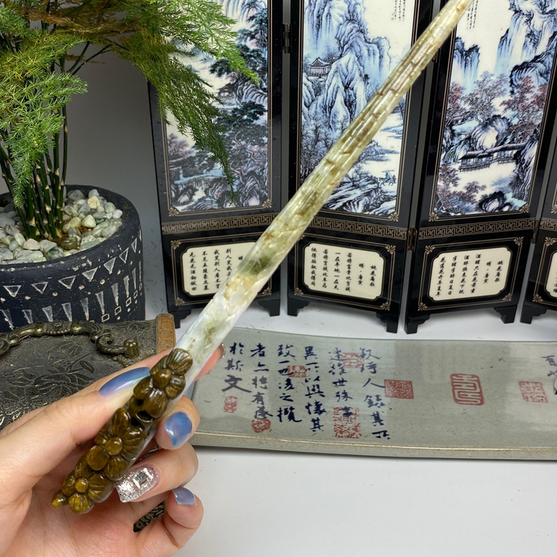 俏色黄翡太阳花发簪手把件摆件 天然翡翠A货