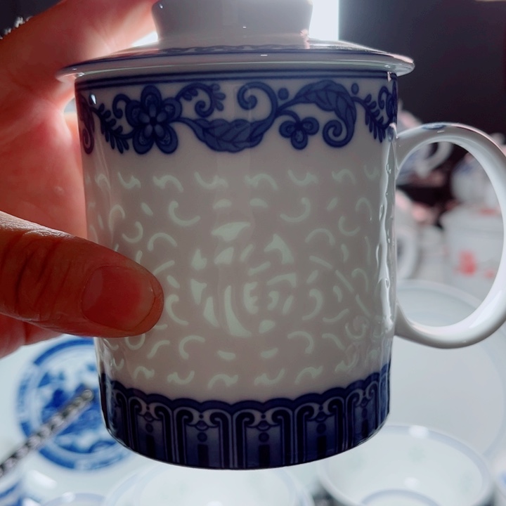 青花玲珑办公杯满雕