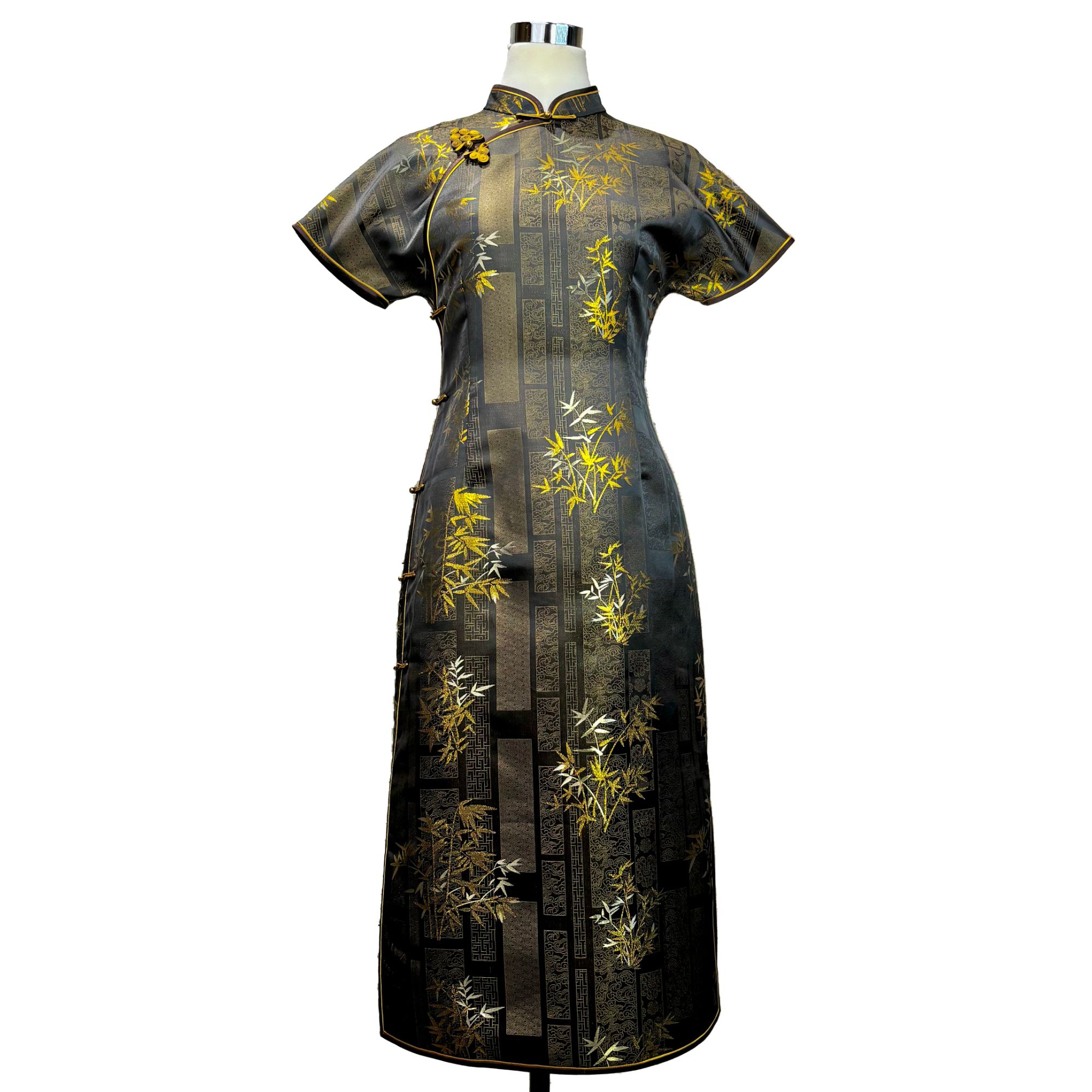 【金篆竹云】桑蚕丝织金重工手推绣夏季立领气质国风黑色旗袍250518