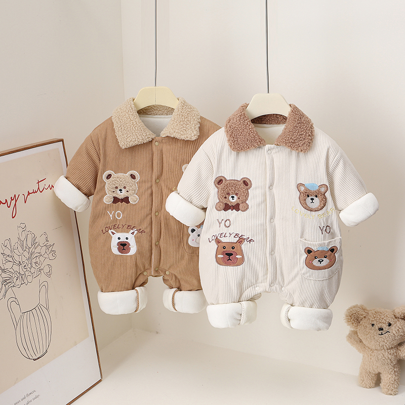 休闲风长袖卡通冬季秋冬泰迪领棉哈衣爬服秋冬季棉衣幼儿