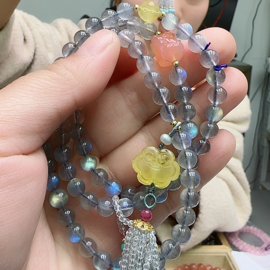 长石手链银S925镶嵌月光石多圈原创