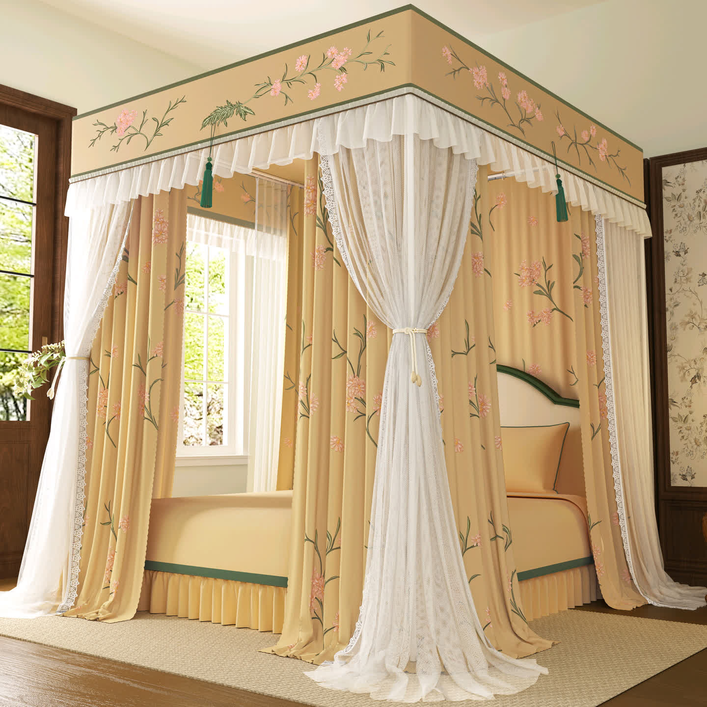 国风款家用卧室加厚加粗双层双杆一体式公主风三开门床幔蚊帐艾