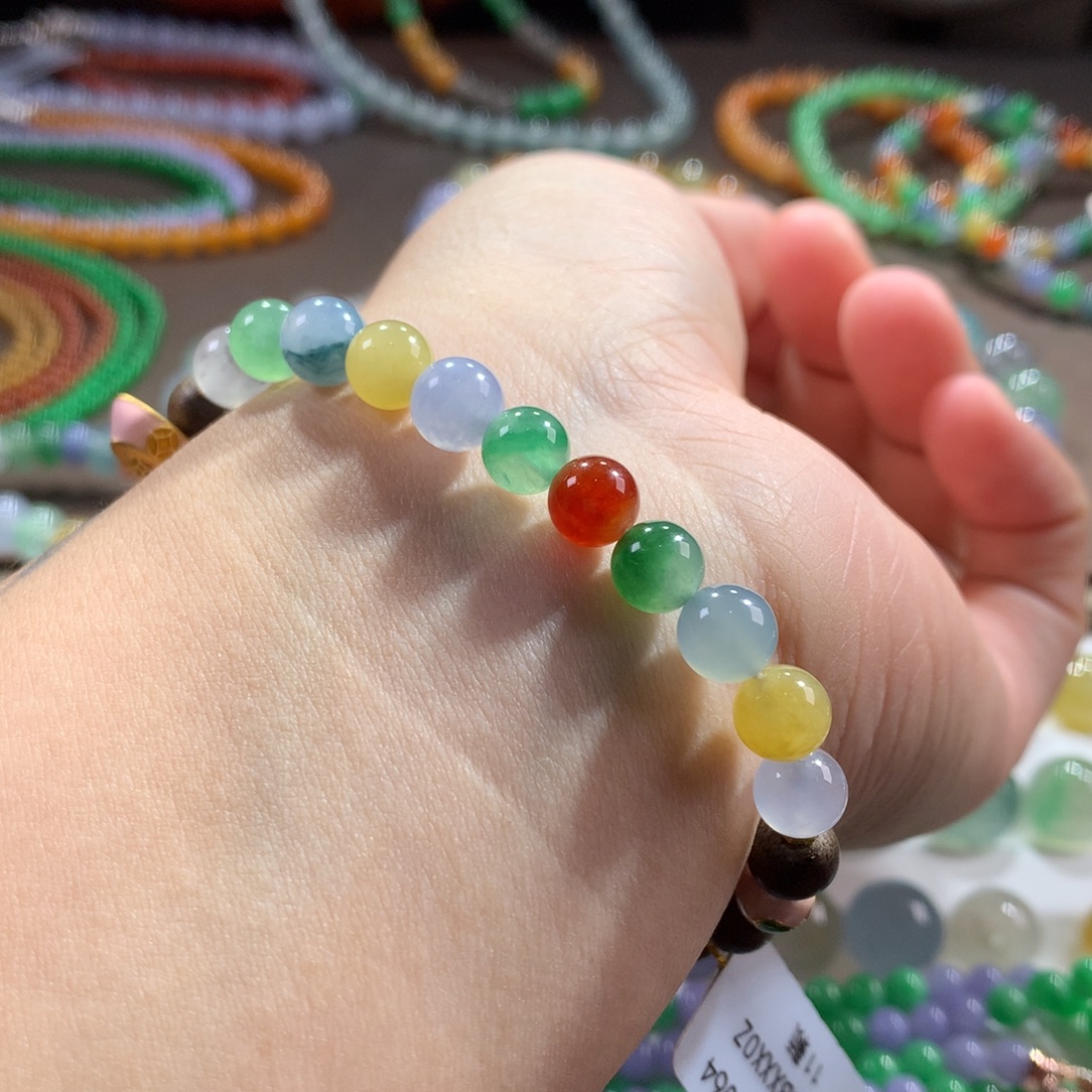 翡翠未镶嵌手链冰浓彩多宝糖果半串手链 卡6.5~7