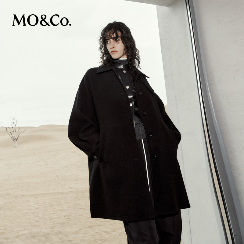 MOCO大衣2025秋新品美丽诺绵羊毛双面呢可拆领袢拼皮领MBE3OVCT04