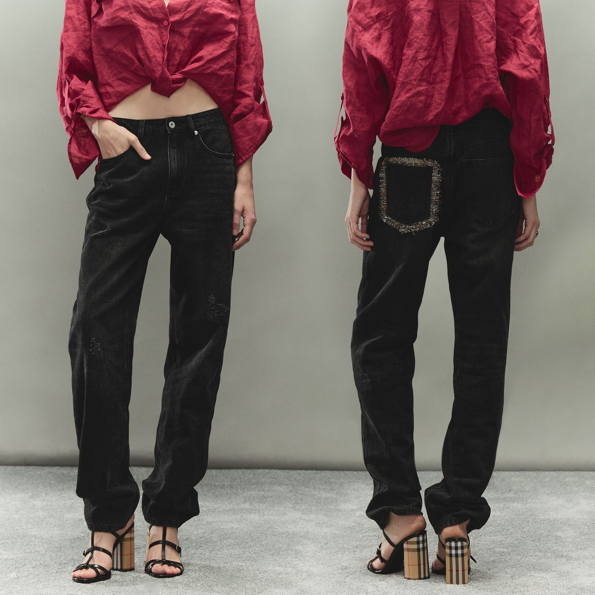 PRRP 原创经典做旧灰黑色洗水小香风拼接锥形微宽松中低腰牛仔裤