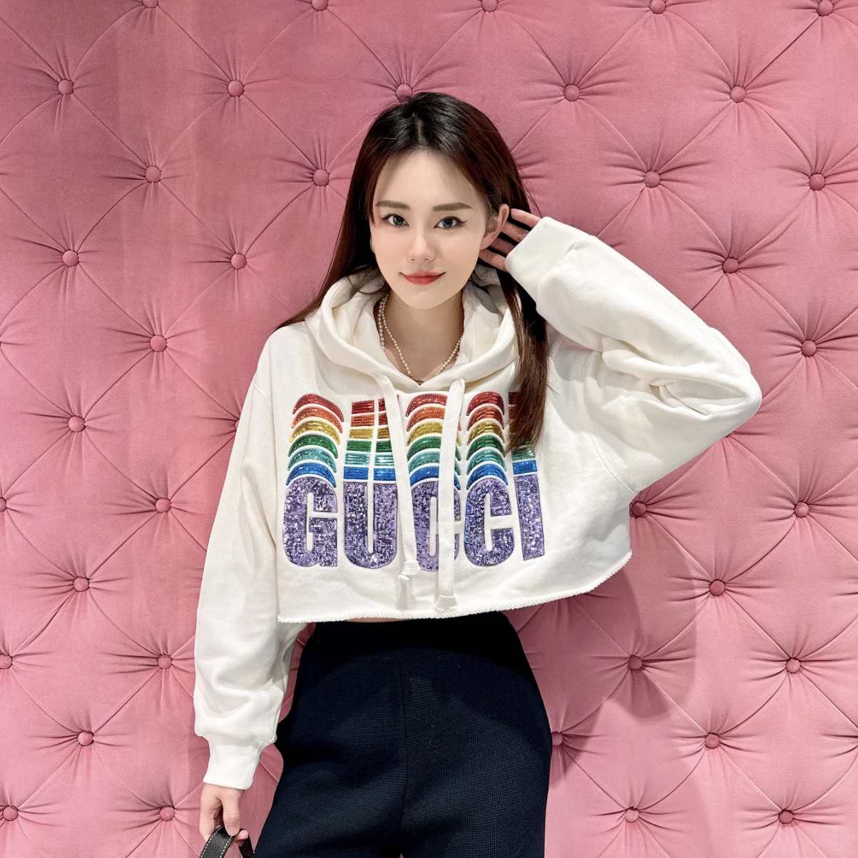 99新 GUCCI/古驰 BK335/亮片刺绣连帽卫衣 L码 