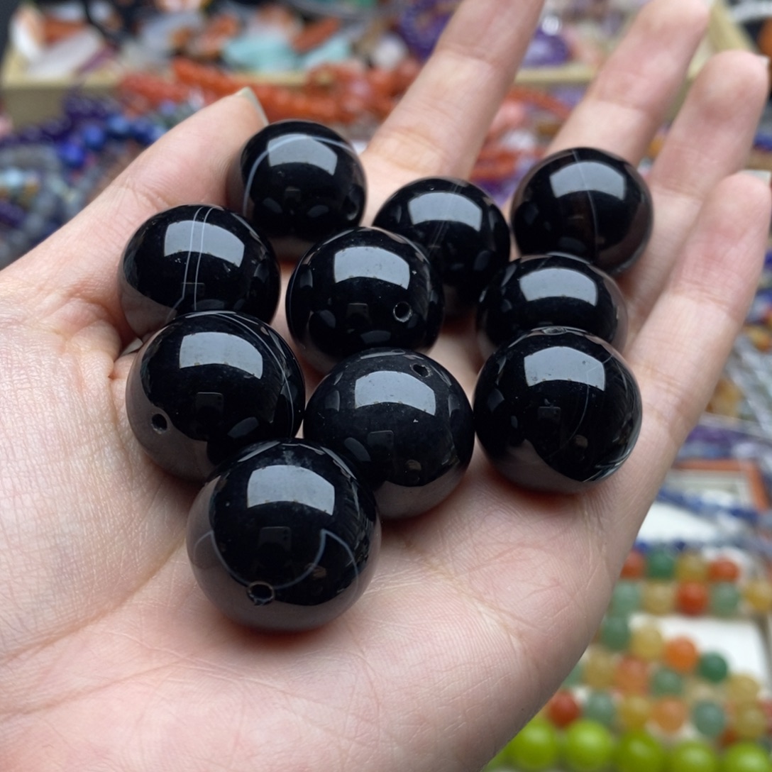 玛瑙/玉髓未镶嵌珠宝半成品三个装纯天然蚕丝黑玛瑙圆珠2.0mm